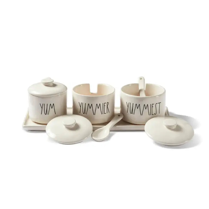 Rae Dunn jam jars with spoons and tray