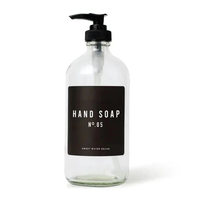 "Hand Soap" soap dispenser made of clear glass, black label