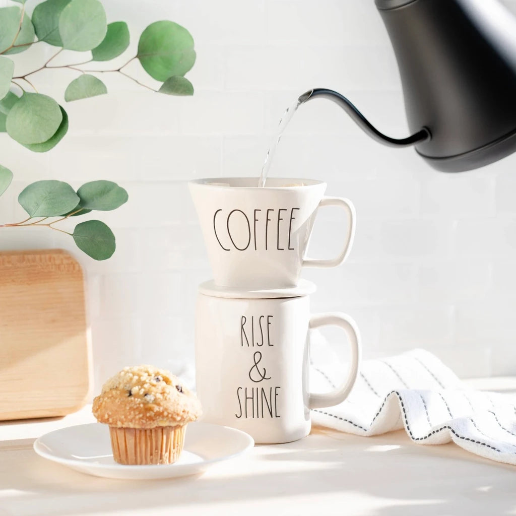 Rae Dunn Artisan coffee drip and RISE &amp; SHINE mug set