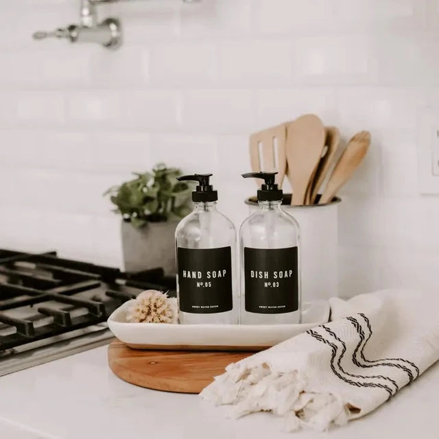 "Dish Soap" Seifenspender aus klarem Glas, schwarzes Etikett