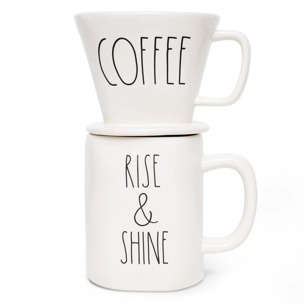 Rae Dunn Artisan coffee drip and RISE &amp; SHINE mug set