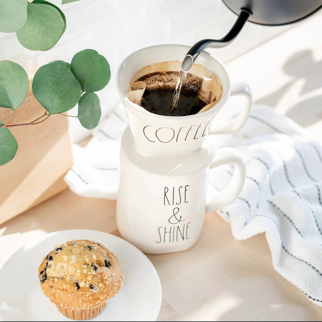 Rae Dunn Artisan coffee drip and RISE &amp; SHINE mug set